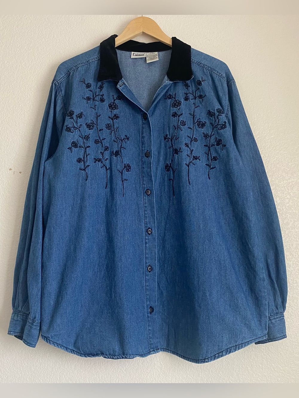 Vintage Capacity floral embroidered denim button down with black velour collar